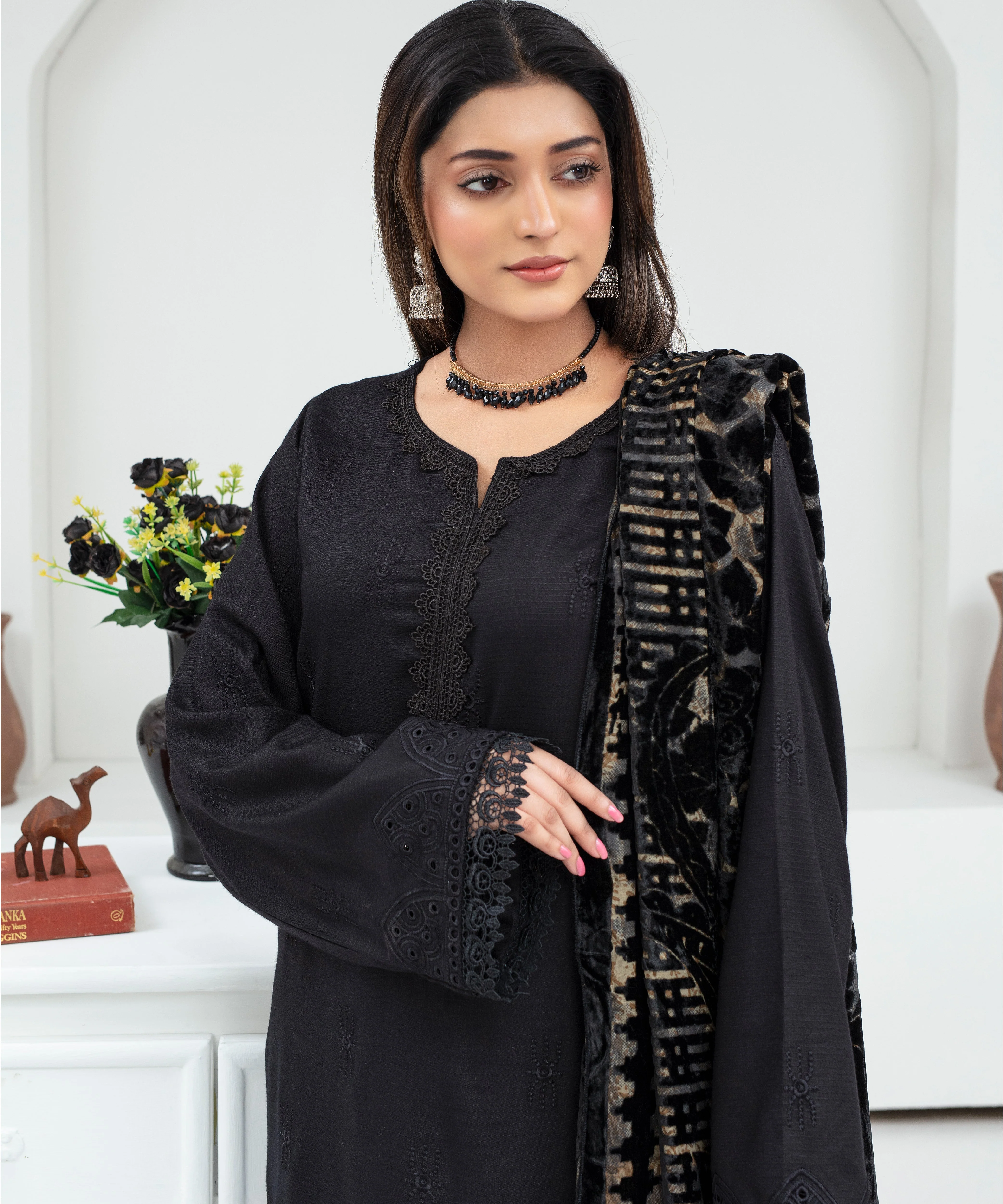 CREATION Dhanak 3PC Chikankari Embroidered Shirt With Velvet Plachi Shawl- 2107 - Image 3