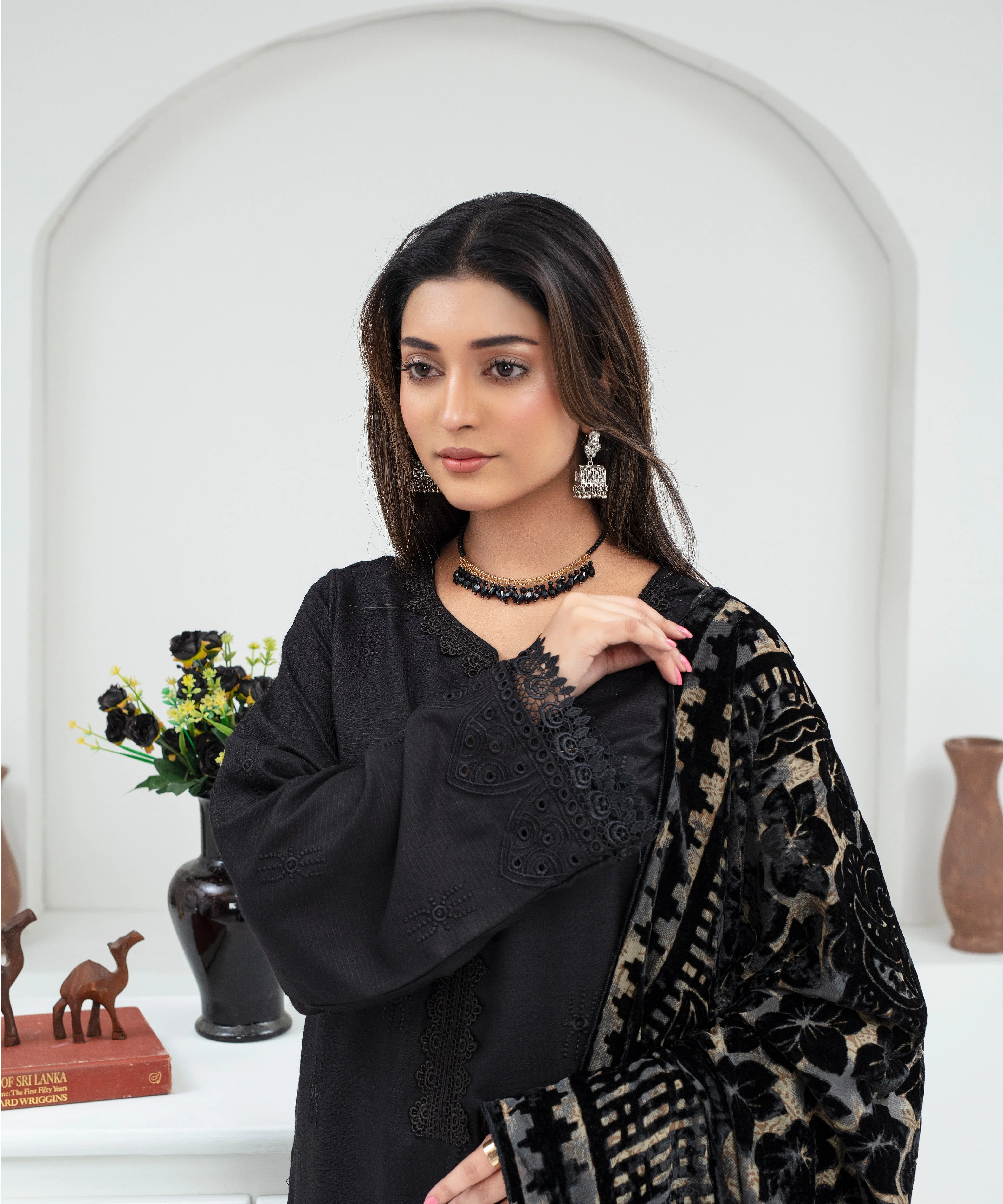 CREATION Dhanak 3PC Chikankari Embroidered Shirt With Velvet Plachi Shawl- 2107 - Image 4