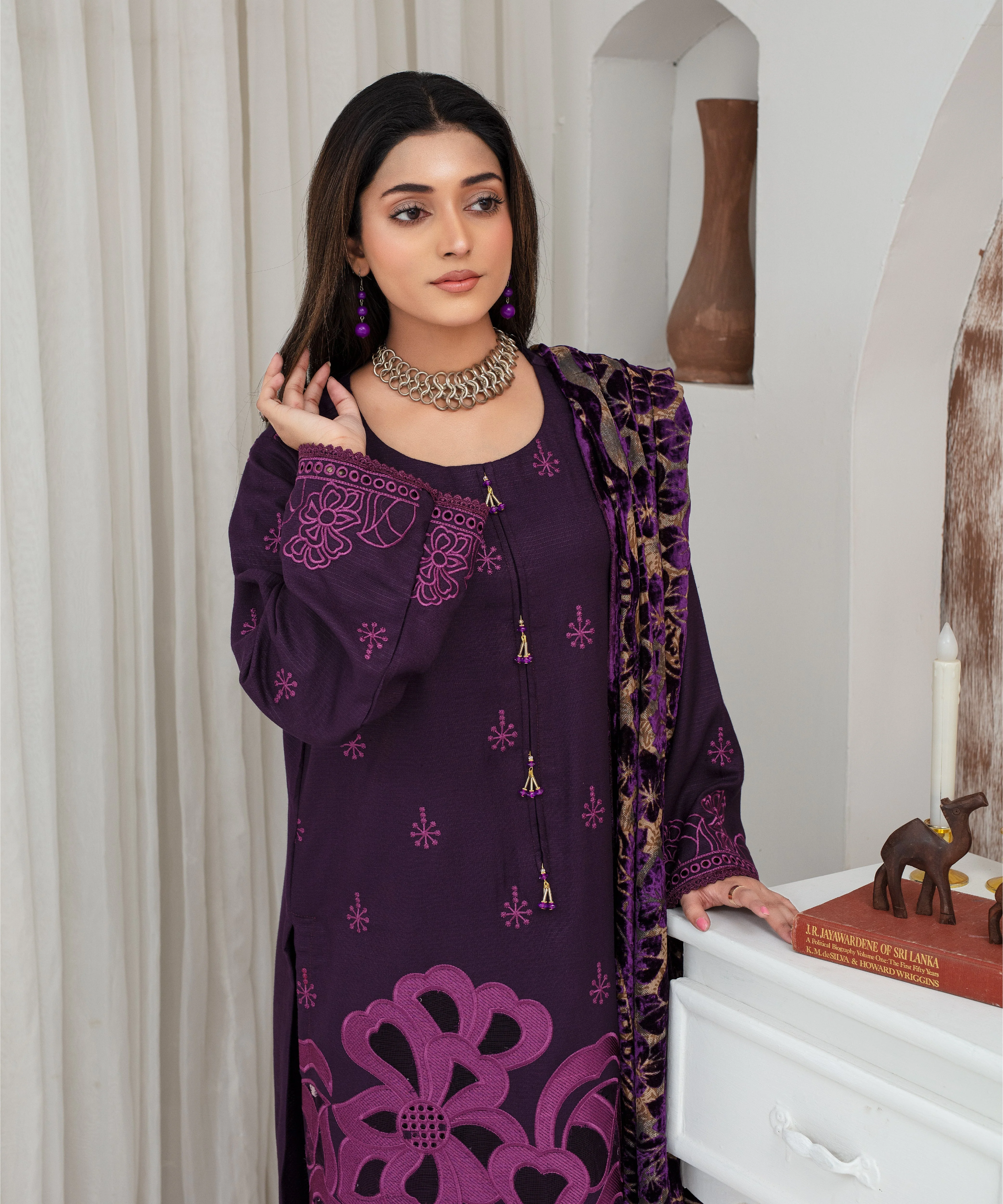 CREATION Dhanak 3PC Chikankari Embroidered Shirt With Velvet Plachi Shawl- 2108 - Image 3
